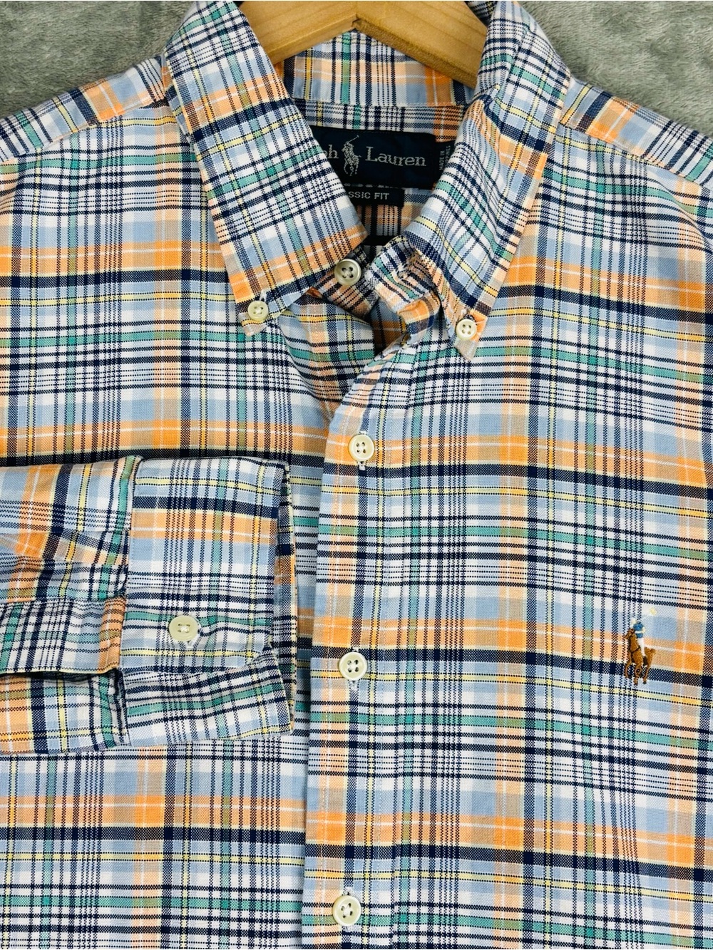 Ralph‎ Lauren Shirt Men XL Orange Blue Plaid Classic Fit Vintage Button Down